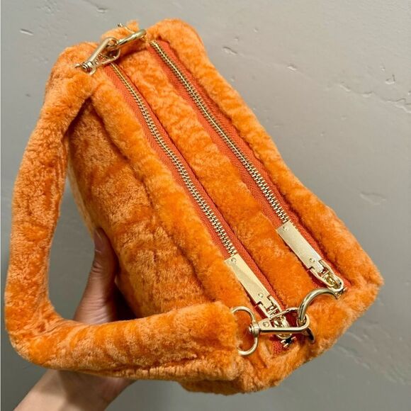 Orange Real Shearling Double Zip Pillow Bag, Lamb Fur Shoulder Bag, Crossbody - Picture 9 of 16